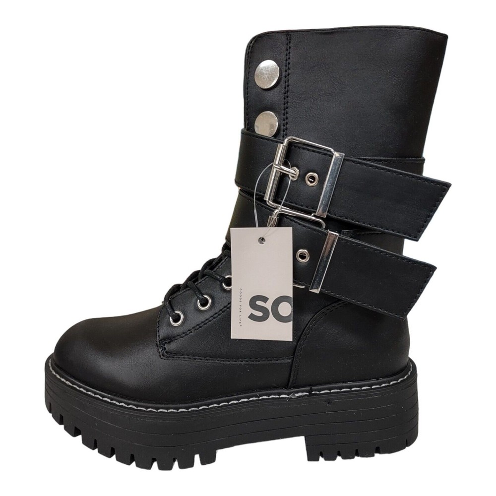 SO Bookcase Women's Gothic Platform Buckle Black Combat Boots 5W Wide - NWT